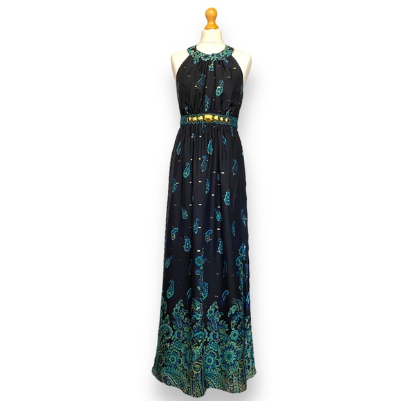 Tibi Dress Maxi Halter Neck Silk Black Green Paisley Embellished Occasion 10 12 - Picture 11 of 16